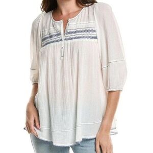[S/M]Free People Dylan Smocked Tunic in Ivory White Blue Embroidered